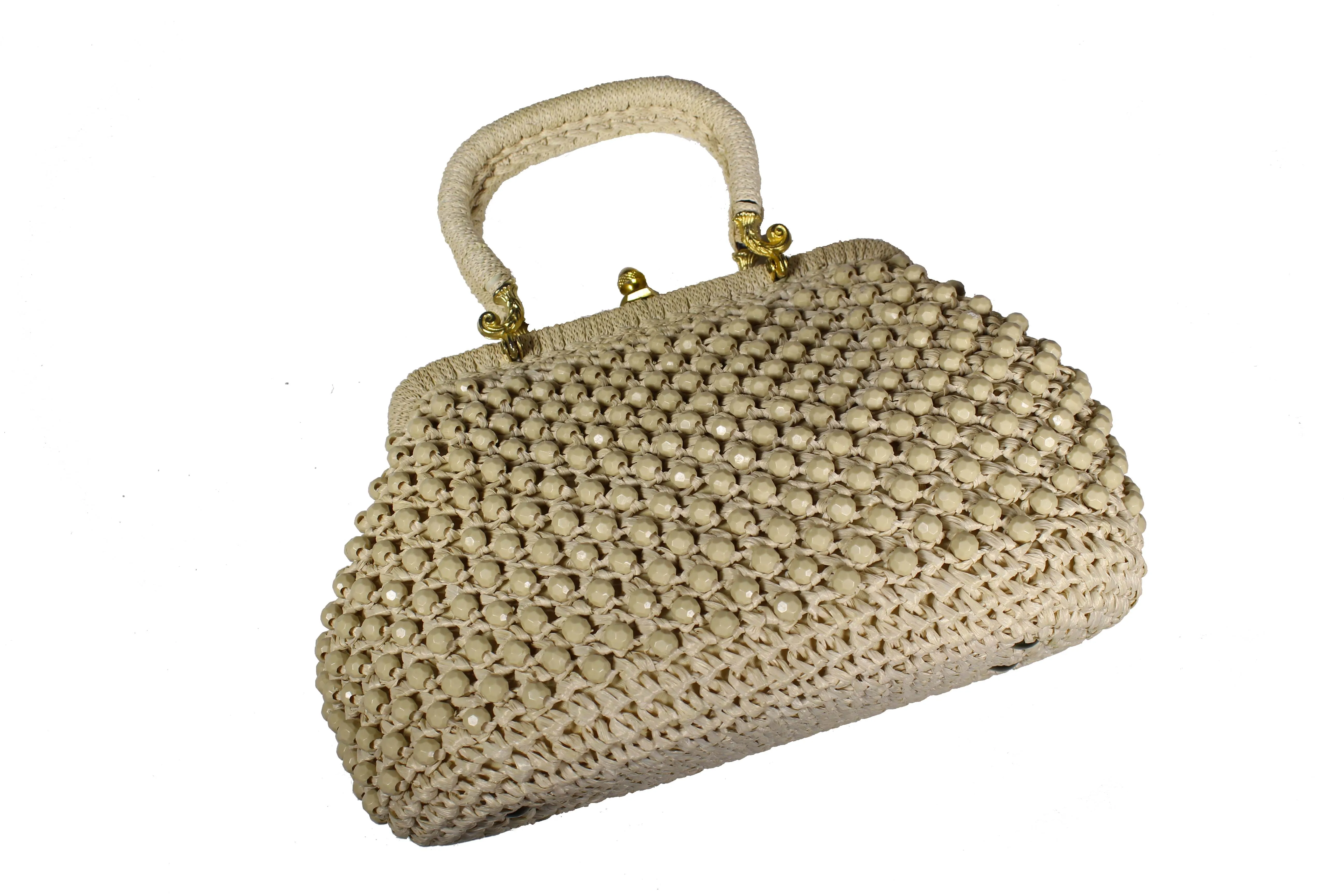 Raffia and ivory beads handbag