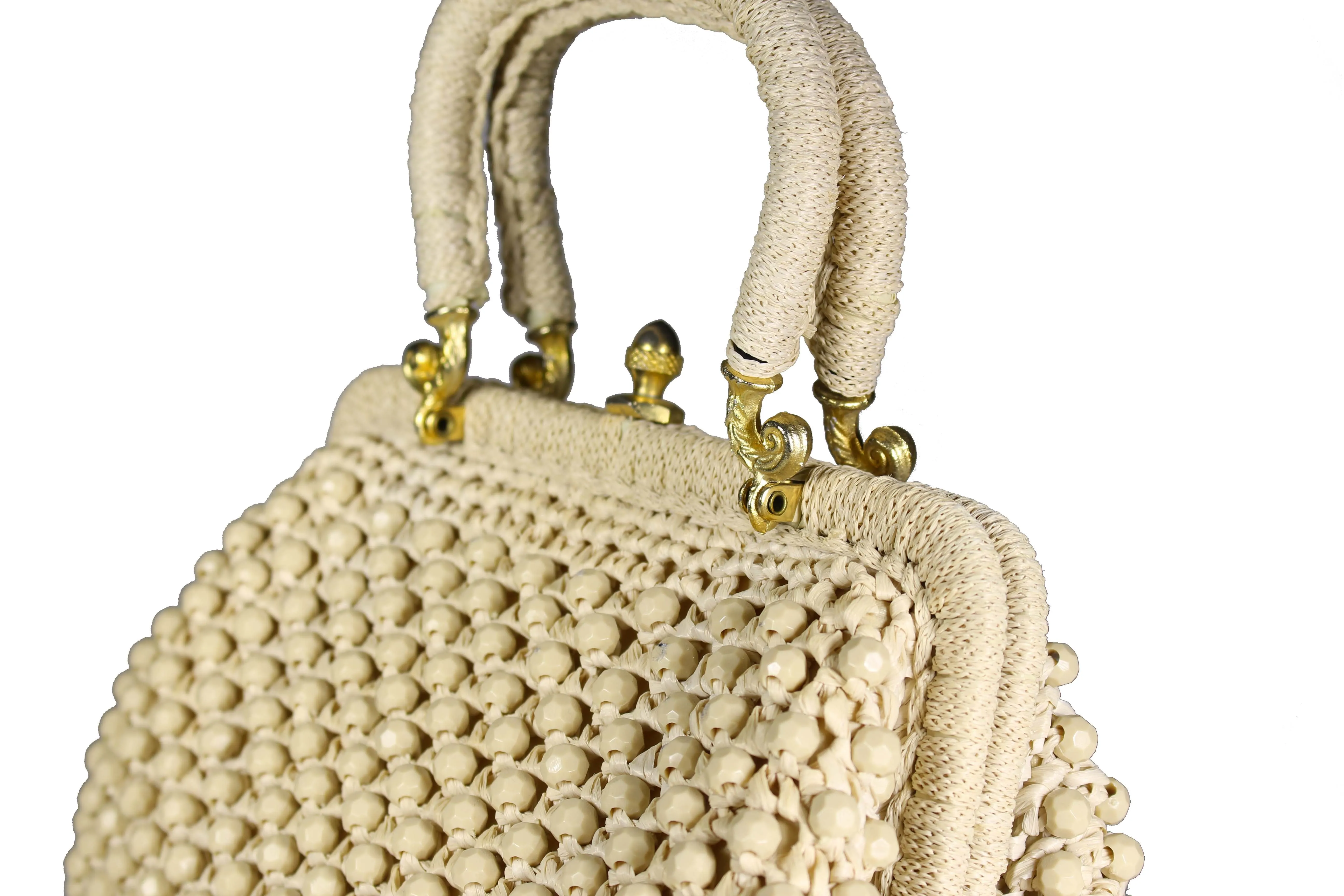 Raffia and ivory beads handbag