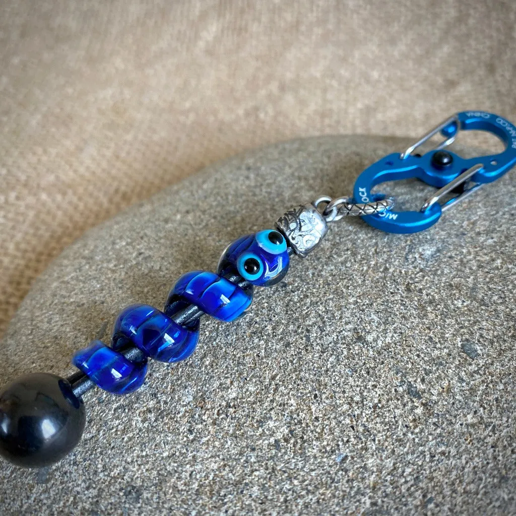 Shungite Clip-on With Friendly Blue Snake, Lampwork Glass Bead on Leather