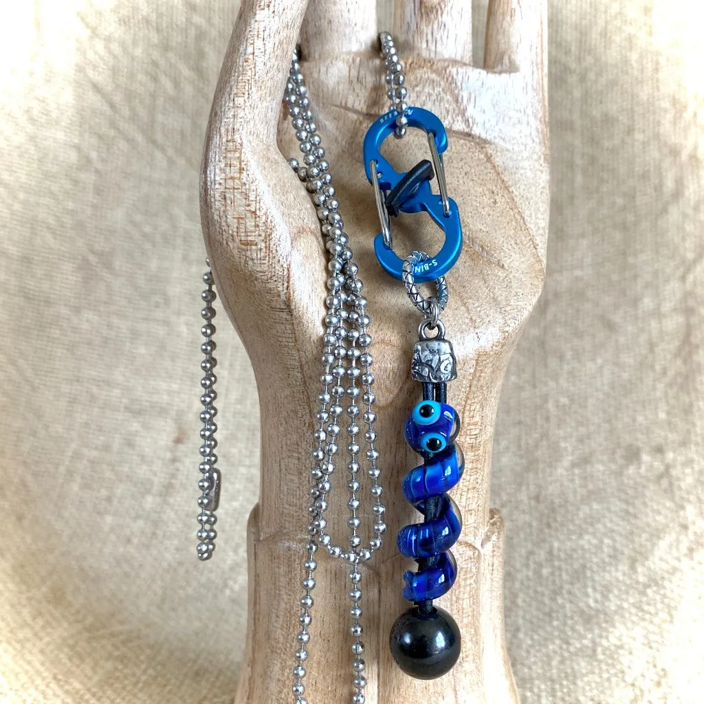 Shungite Clip-on With Friendly Blue Snake, Lampwork Glass Bead on Leather