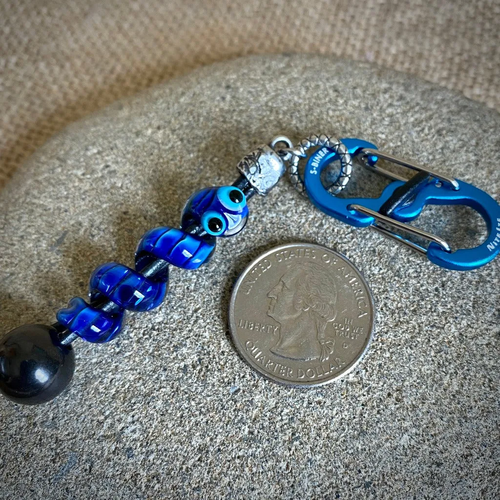 Shungite Clip-on With Friendly Blue Snake, Lampwork Glass Bead on Leather