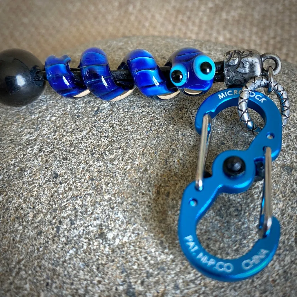 Shungite Clip-on With Friendly Blue Snake, Lampwork Glass Bead on Leather