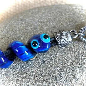 Shungite Clip-on With Friendly Blue Snake, Lampwork Glass Bead on Leather