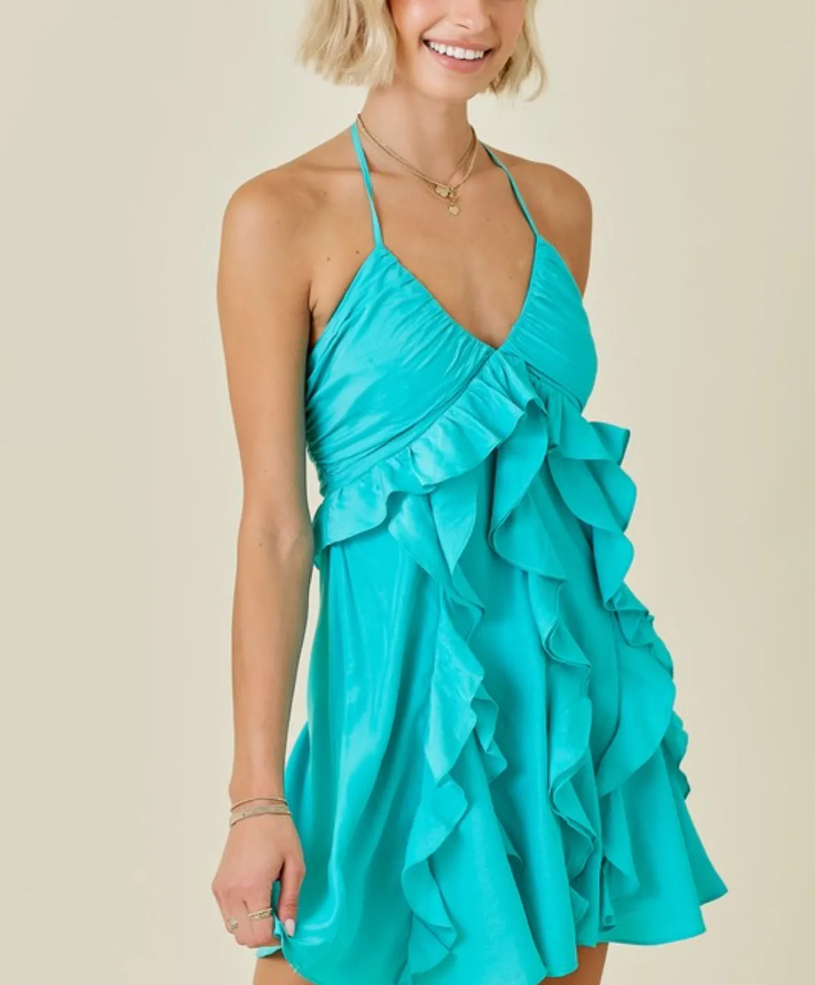 Teal self-tie neck mini dress with ruffle detailing